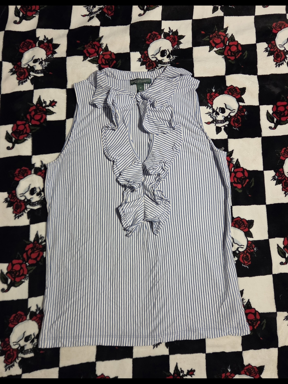 Ralph Lauren Blue and White Striped Ruffle Neck Sleeveless Top